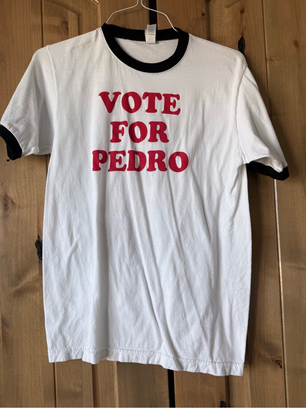 Tultex White Ringer Tee with Black Trim and Red 'VOTE FOR PEDRO' Text